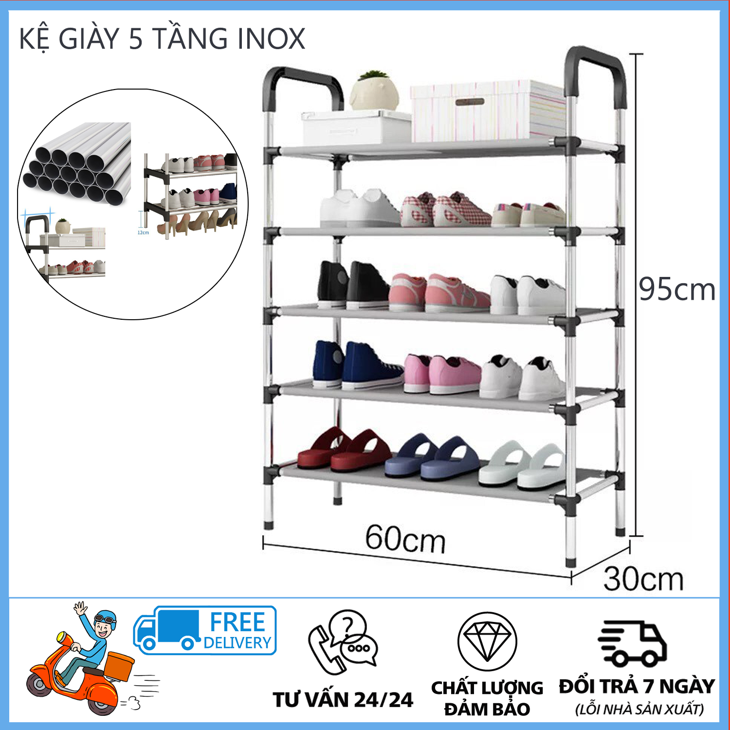 Kệ Để Giày Dép Inox 5 Tầng Cỡ Lớn- Kệ giày dép 4-5 tầng gọn gàng loại 1 - giá để giày 4-5 tầng tủ sắp xếp giày, thiết kế cơ động, dễ dàng để lắp hoặc tháo rời