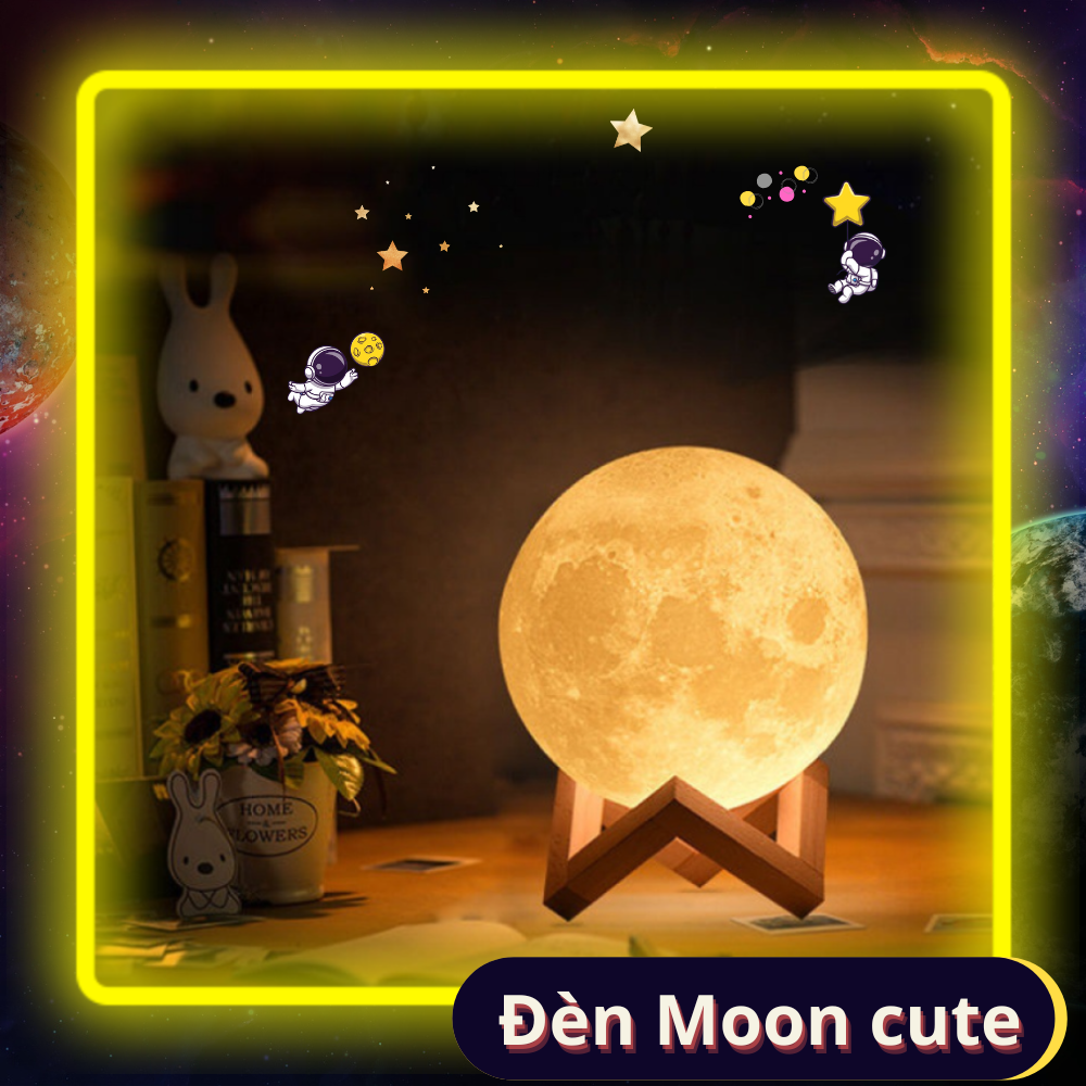 [ Đế gỗ ] Đèn ngủ 3d mặt trăng decor phòng ngủ xinh dùng pin tặng kèm