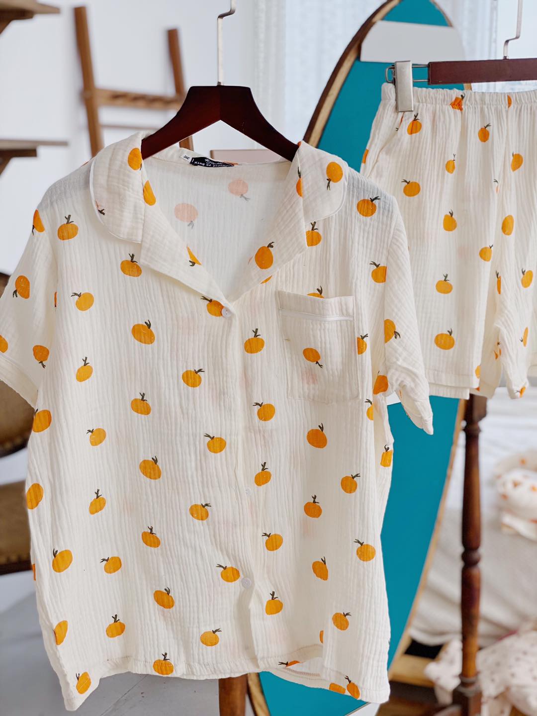 Bộ pyjama/pyjama muslin tay cộc quần cộc