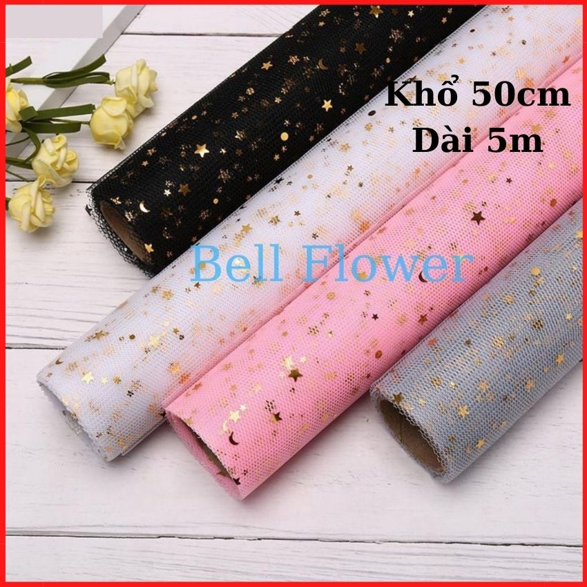 Cuộn Lưới Sao Khổ 50cm, Vải Ren Lưới Đính Kim Sa Họa Tiết Hình Trăng Sao, Dùng Bó Hoa Gói Quà, Trang Trí Tiệc