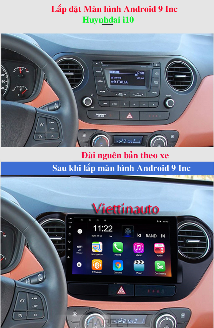 Mặt dưỡng xe Huyndai i10 lắp màn hình 9 In