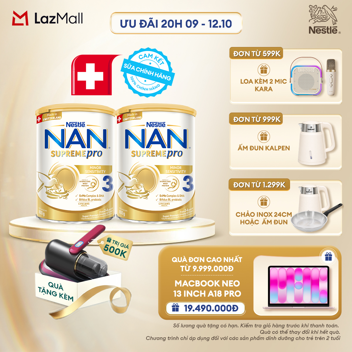 [CHỈ 20h 9-12.10 QT ĐƠN 599K/999K/1299K] [Tặng Máy hút bụi nệm giường] Combo 2 lon Sữa Bột Nestlé NAN SUPREMEPRO 3 800g Nhập Khẩu Đức Cho Bé 2 - 6 Tuổi Chứa Đạm Whey Thủy Phân 1 Phần, 5-HMOs  Lợi khuẩn BIFIDUS BL