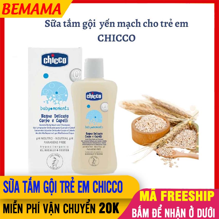 Sữa tắm gội trẻ em sơ sinh chicco dưỡng ẩm 200ml chiết xuất yến mạch - sữa tắm gội cho bé, sữa tắm bé, tắm gội sơ sinh, tắm gội toàn thân, xà bông tắm cho bé bemama - sua tam goi tre em chicco - 8059147053204
