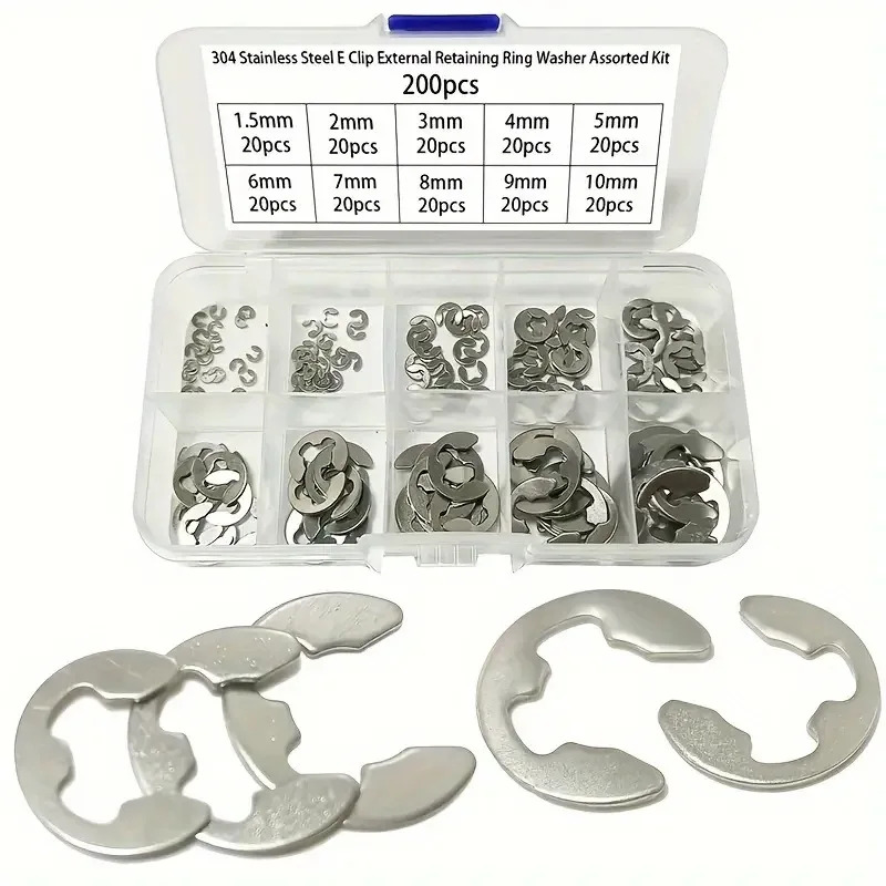 120/200Pcs Boxed Retaining Rings 304 Stainless Steel E-type Shaft With Snap Spring Shaft Pin And Split Retaining Rings 1.5-10mm