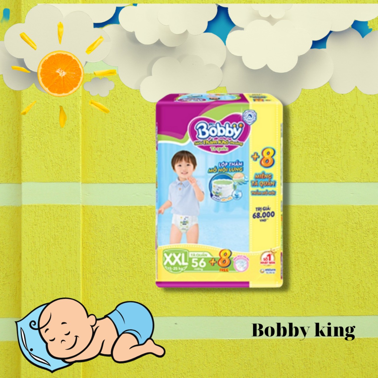 Tã/Bỉm Bobby quần siêu đại XXL56 tặng kèm 8 miếng