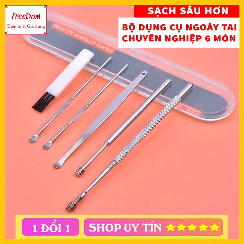 Bộ Dụng Cụ Ngoáy Tai Inox 6 Món  -Bộ Lấy Ráy Tai Thép Không Rỉ 6 Món - Bộ Massage Tai