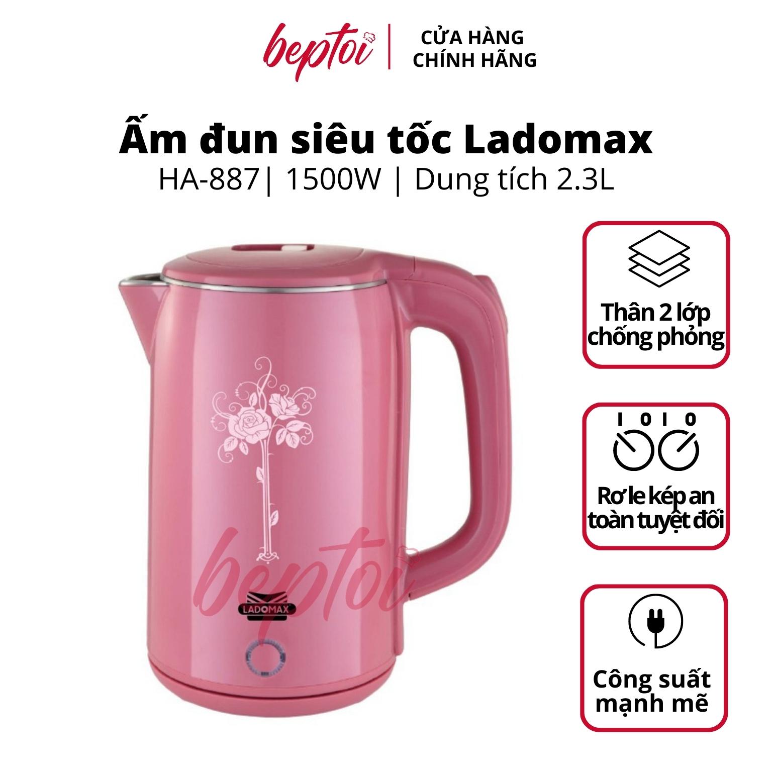 Bình đun siêu tốc, ấm siêu tốc đun nước siêu nhanh Inox 2 lớp chống phỏng Ladomax HA-887 2.3L