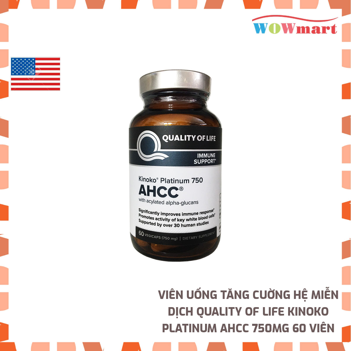 Viên uống tăng cuờng hệ miễn dịch Quality Of Life Kinoko Platinum AHCC 750mg 60 viên