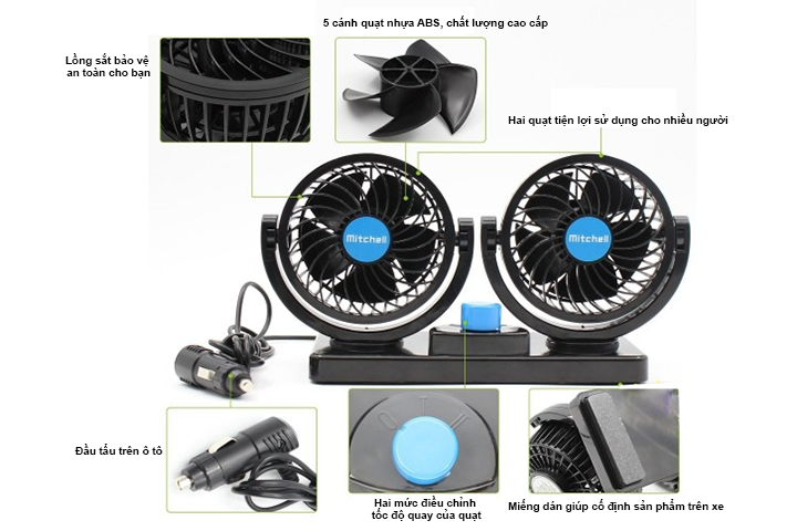 Quạt đôi mini Mitchell 24V cho xe Ô tô