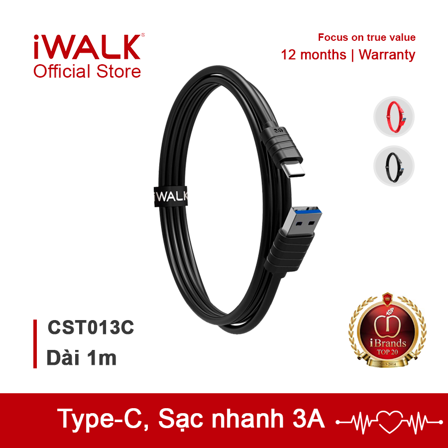 Cáp sạc nhanh, siêu bền USB Type C tốc độ 3.0A - iWALK CST013 dài 1m, chống rối, sạc nhanh cho Samsung, Huawei, Sony, Xiaomi, Motorola,... - Bảo hành Chính Hãng 12 tháng