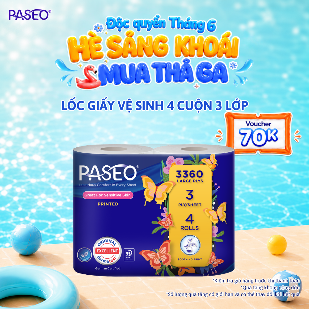 Lốc Giấy Vệ Sinh Paseo 3 Lớp Mềm Mịn Cao Cấp, 4 Cuộn/lốc - Tan Nhanh - Không Gây Tắc Nghẽn