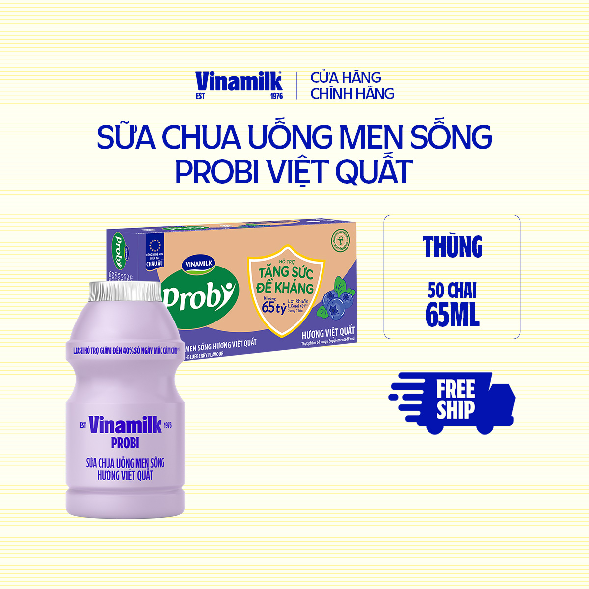 Thùng Sữa chua uống Probi Việt Quất chai x 65ml - 50 chai/Thùng Yogurt