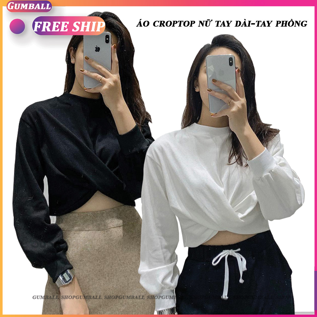 Áo Croptop Nữ Tay Dài Cá Tính, Áo Croptop Kiểu Xoắn Bụng Chất Vải Cotton Mềm Mịn Dễ Phối Đồ Phong Cách Cá tính