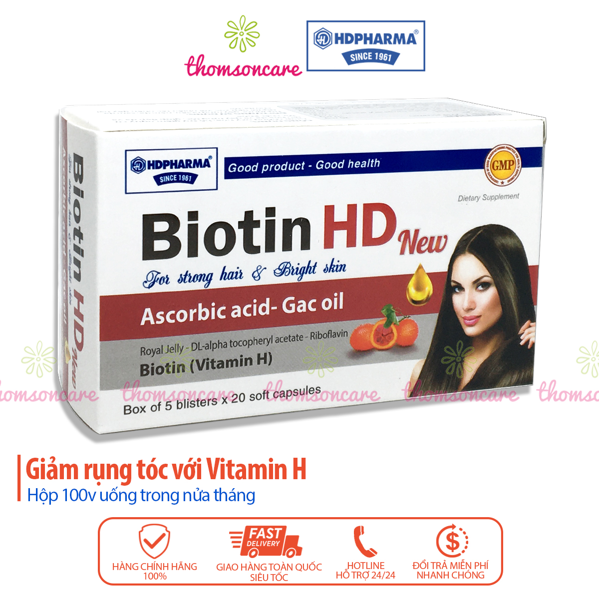 Bổ sung Biotin Vitamin H - giúp giảm rụng róc sạm da - Hộp 100 viên nang có thêm vitamin E B2 dầu gấc và sữa ong chúa