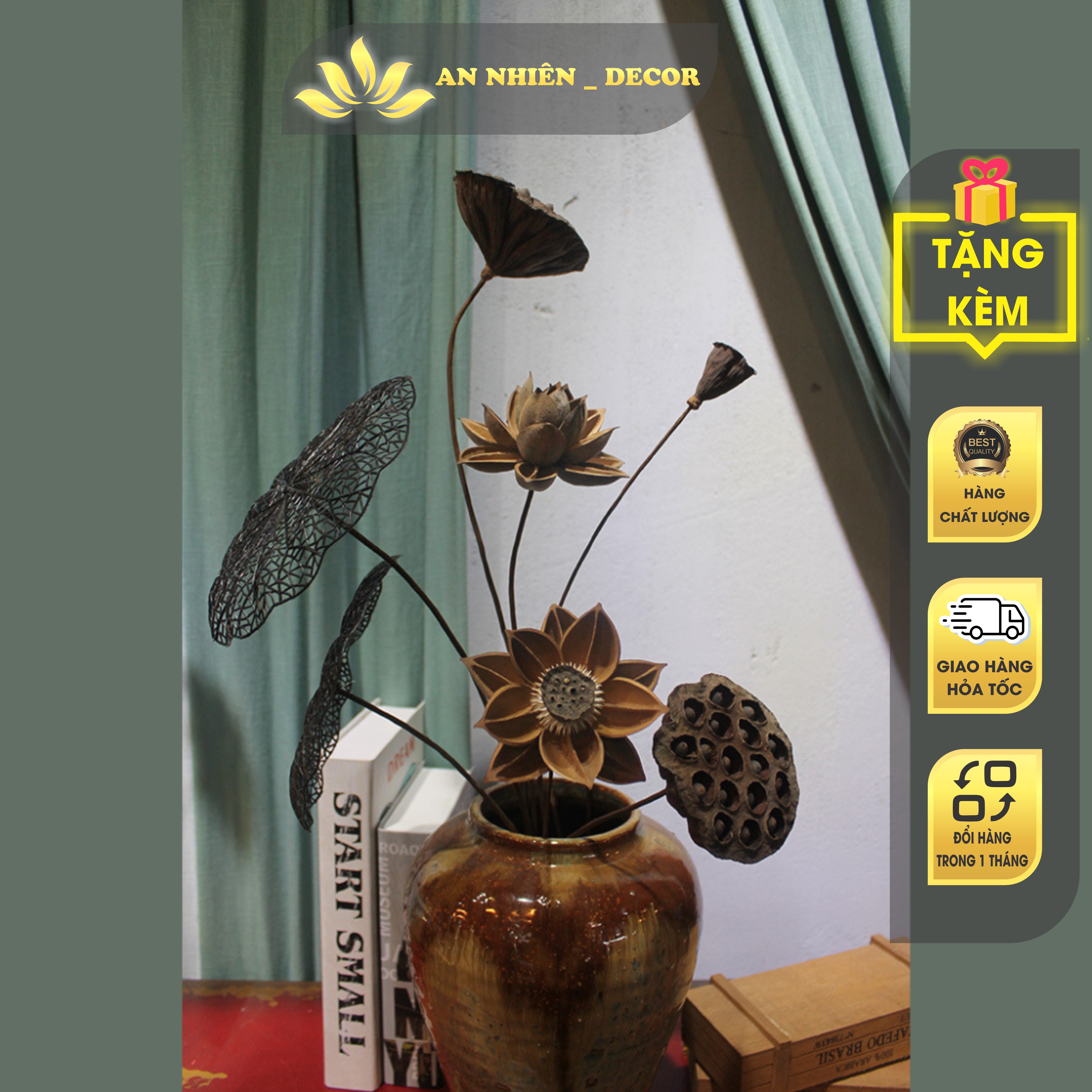 Set hoa khô decor, hoa sen, đài sen, lá sen gỗ mộc mạc giản dị - set hoa khô 02