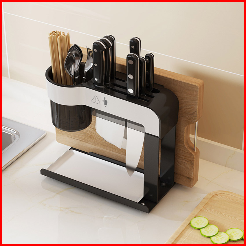 Kệ để dao thớt inox, thiết kế 2 ngăn riêng biệt, tích hợp ống cắm đũa thìa tiện lợi, kèm khay hứng nước siêu đẹp