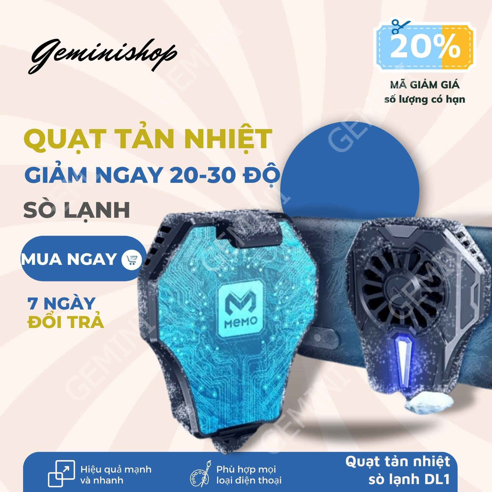 Quạt tản nhiệt gaming Memo DL01 cho điện thoại tản nhiệt sò lạnh siêu mát Gemini Shop