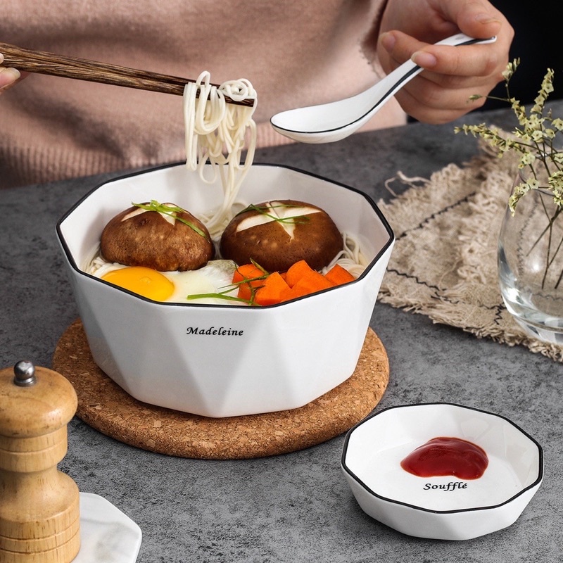 Bát cơm sứ, bát tô sứ kim cương trắng phong cách Bắc Âu - Tô canh sứ trắng cao cấp xuất khẩu