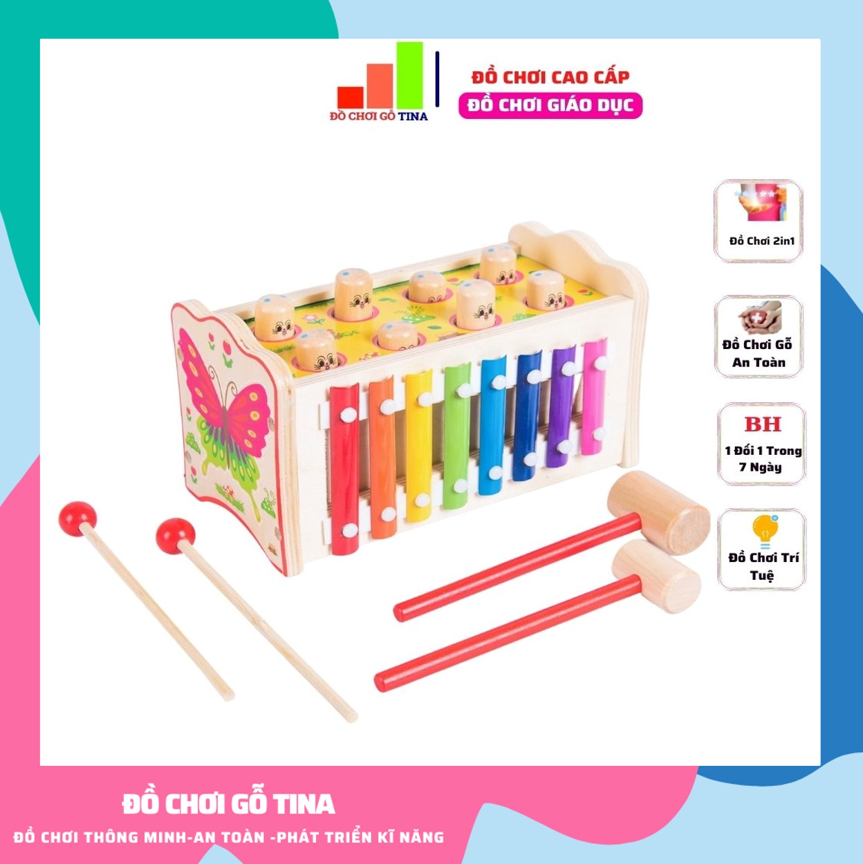 Đồ chơi đập chuột cho bé đập chuột gỗ kèm đàn cho bé cảm thụ âm thanh trí tuệ - đồ chơi cho trẻ thông minh tina
