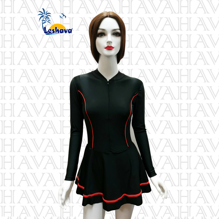 Leshava - đồ bơi nữ dạng váy tay dài liền thân - đầm bơi kín đáo - viền sọc đỏ - swimsuit một mảnh