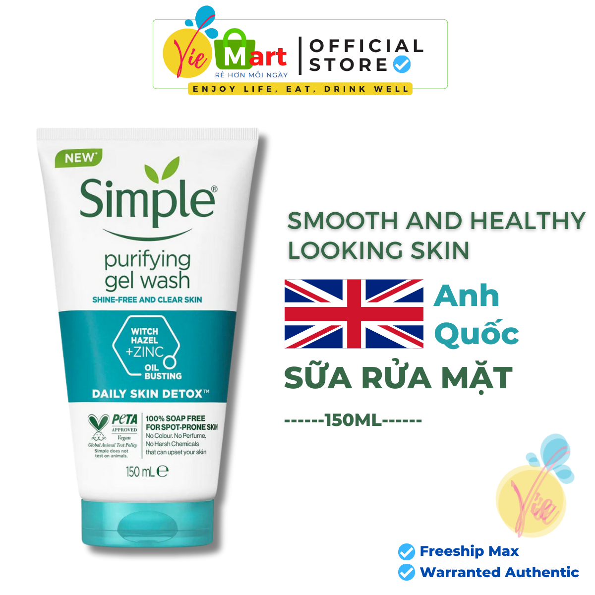 Sữa rửa mặt simple purifying gel wash 150ml kiềm dầu ngừa mụn 150ml