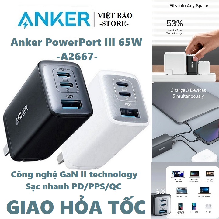 Củ sạc nhanh Anker PowerPort III GaN 2 A2667  65W 2C1A hỗ trợ PD/PPS/QC