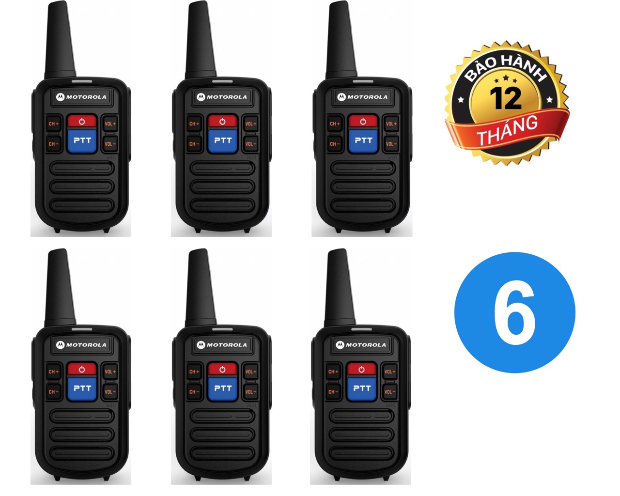 Bộ 6 máy bộ đàm motorola gp-418, sạc cổng type c, 2 phím ptt, bảo hành 12 tháng