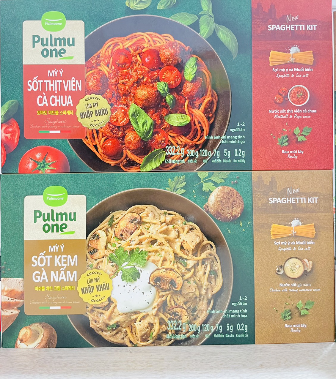 Mỳ Ý sốt thịt viên cà chua, sốt kem nấm Pulmuone 332.2g dành cho 2 người ăn