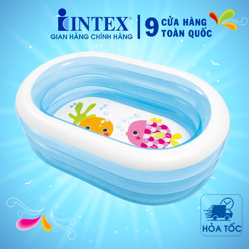 Bể bơi phao mini cho bé hình Oval INTEX 57482, hồ bơi trẻ em bơm hơi có 3 tầng, hút xả hơi tiện dụng, màu xanh trong suốt mát mẻ - Chính hãng INTEX, Bảo hành 12 tháng