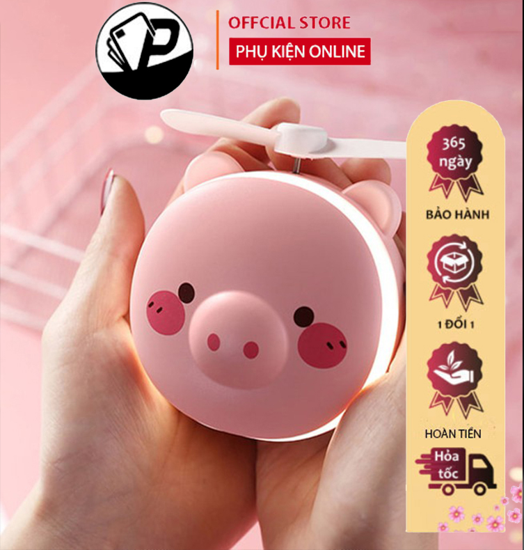Quạt mini kiêm gương heo con tích hợp đèn LED siêu dễ thương