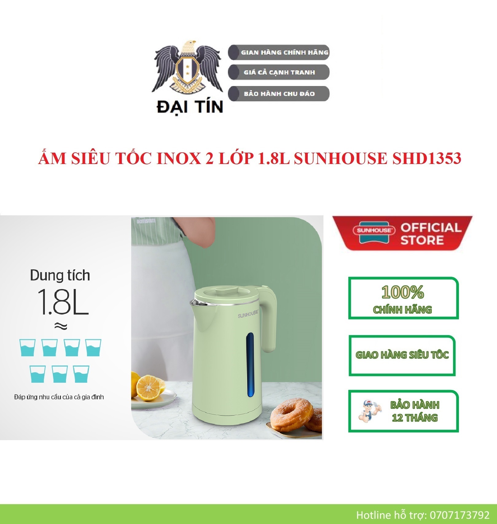 Shd1353 - ấm siêu tốc inox 2 lớp 1.8l sunhouse - bảo hành chính hãng 12 tháng