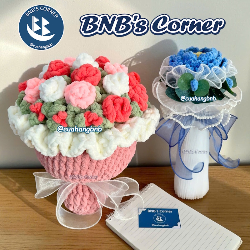 BNB | Bó Hoa Len Handmade (Kèm Thiệp) |Hoa hồng - Hướng dương - Mẫu đơn| Quà Sinh Nhật, Kỷ Niệm