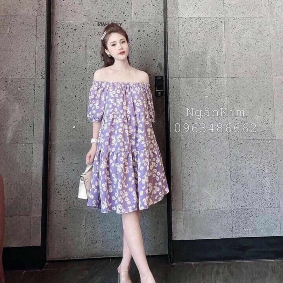 Đầm babydoll hoa trễ vai