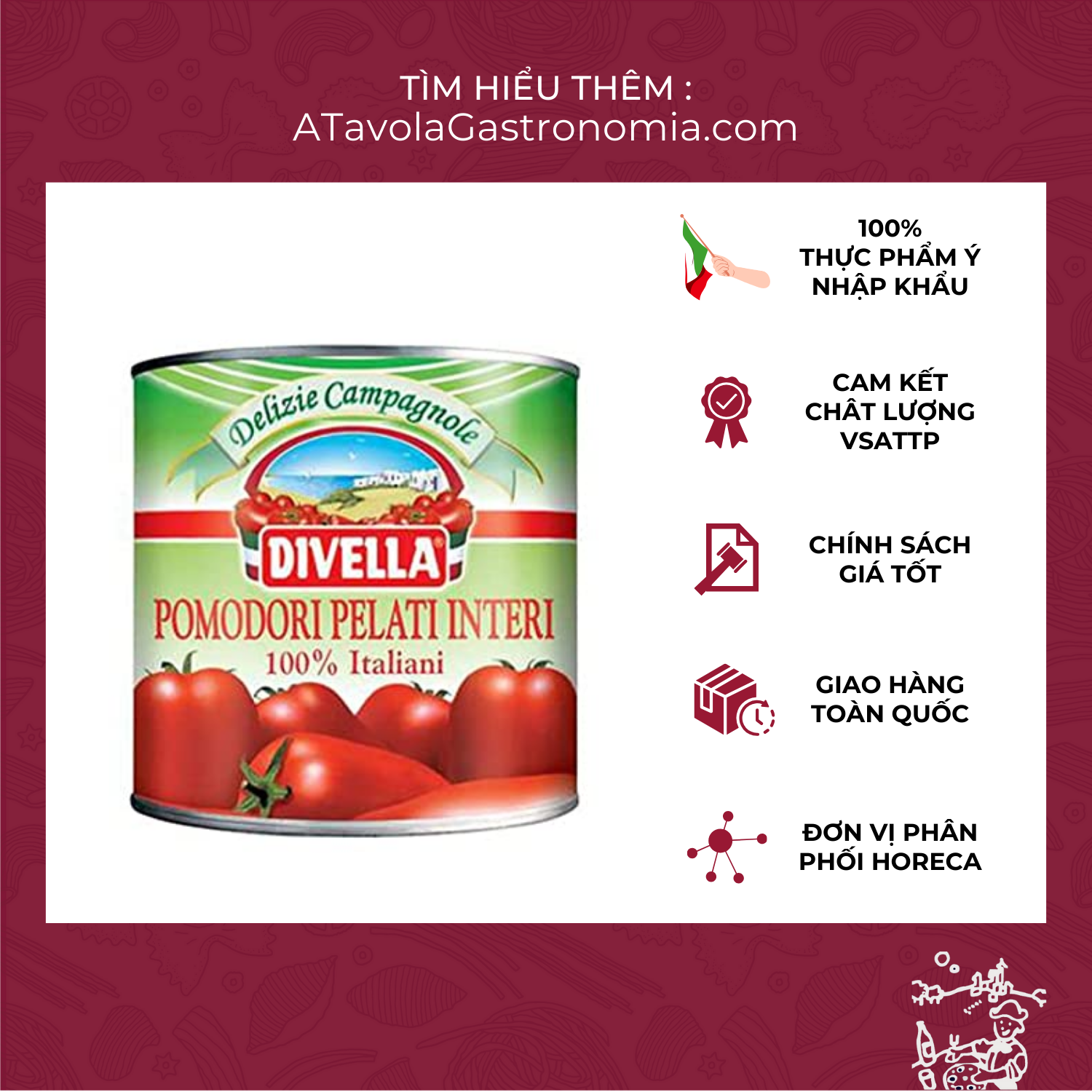Cà Chua Bóc Vỏ DIVELLA đóng hộp 2.5Kg chuyên làm sốt mì Ý sốt pizza sốt cà chua sốt cà chua