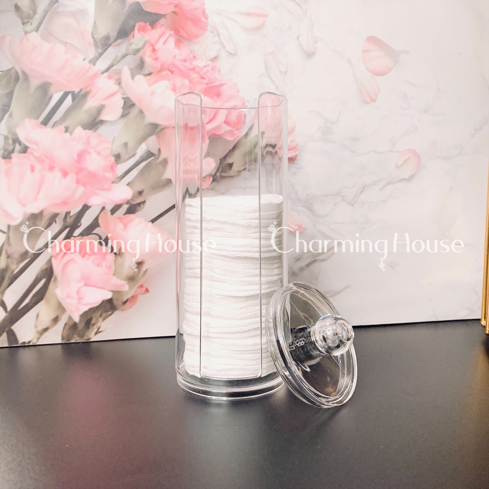 [HÀNG CÓ SẴN] - Hộp đựng bông tẩy trang dạng ống trong suốt có khe lấy bằng mica cứng cao cấp