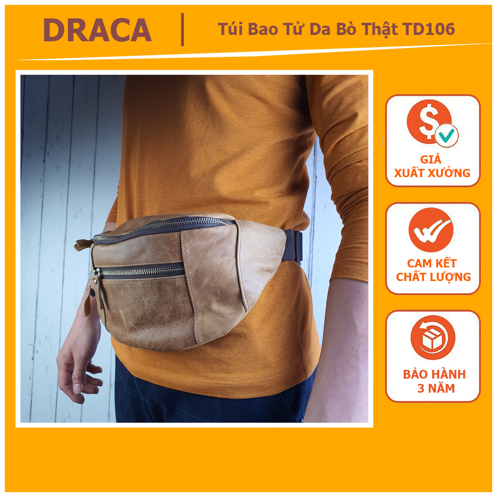 _ DA THẬT_Túi đeo hông, túi bao tử da bò thật Crazy horse TD106 - 100% da bò thật, BH 3 năm, Túi đeo hông da bò đẳng cấp phong cách - dễ phối đồ, Túi đeo chéo da bò thật cao cấp chất lượng cao - Draca Offical