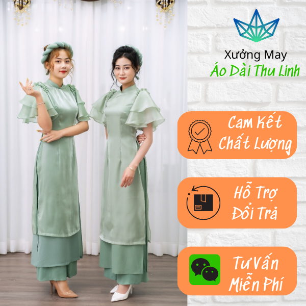 Áo Dài Cánh Tiên Xanh Mint Tơ Xước Kim Tuyến Cao Cấp