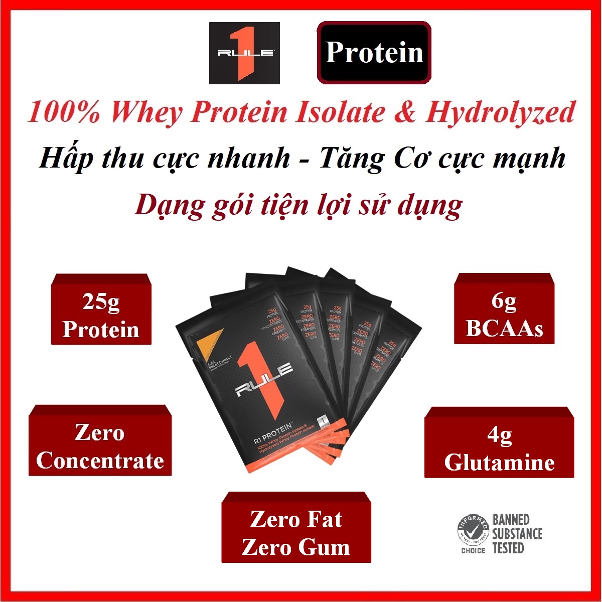  Sample Rule 1 Protein - Gói tiện lợi bổ sung Protein 100% Whey Isolate & Hydrolyzed hấp thu cực nhanh tăng Cơ cực mạnh 