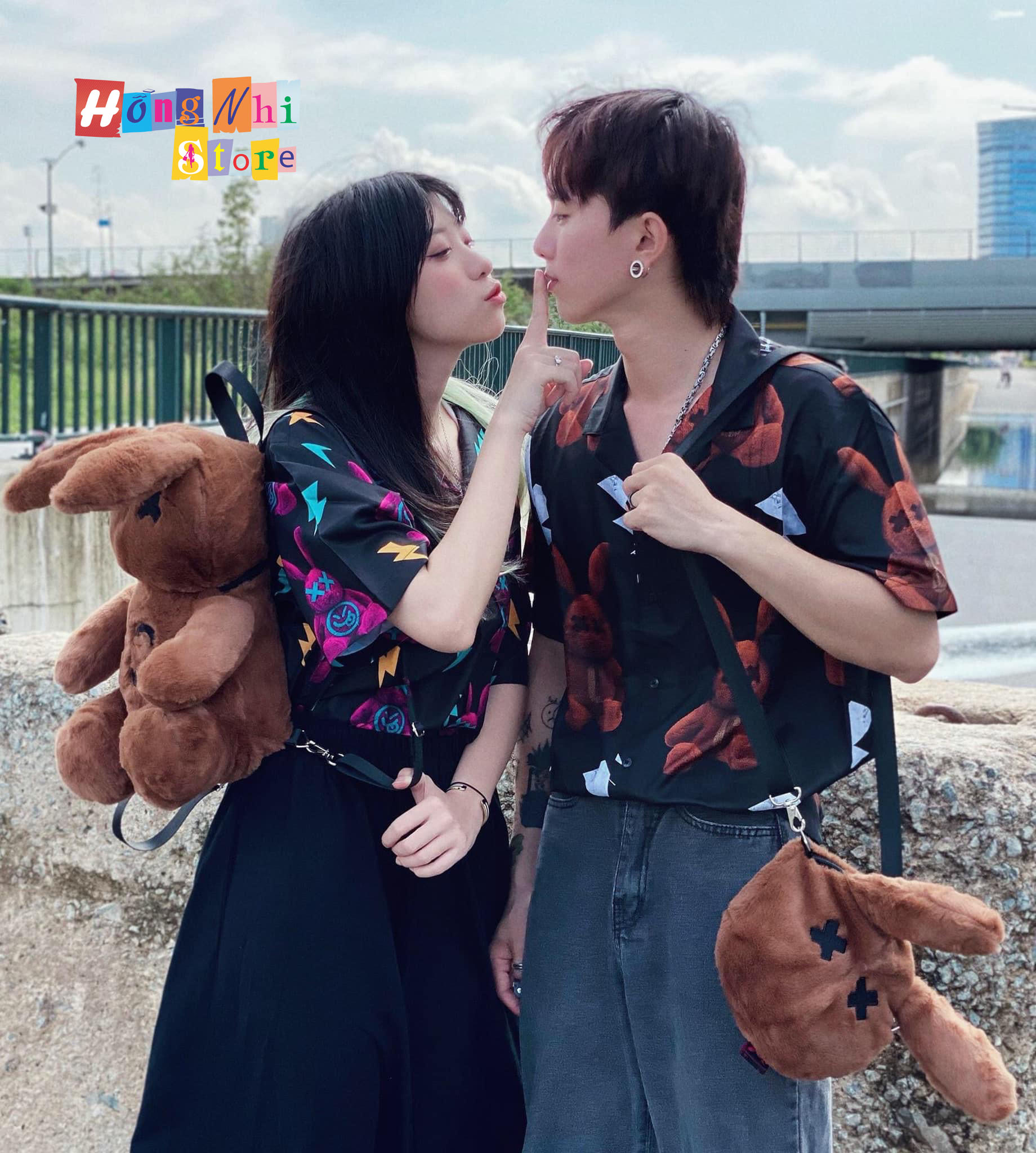 Áo sơ mi họa tiết thỏ hồng tay lỡ dáng rộng ulzzang unisex, sơ mi đi biển - mm