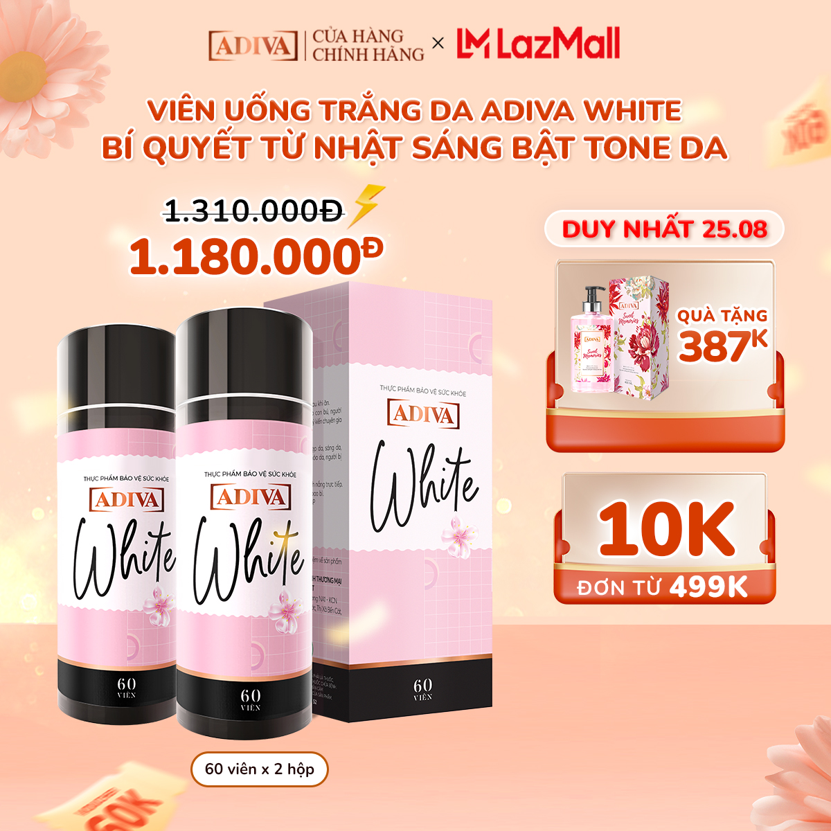 Combo 2 Hộp Viên uống trắng da White ADIVA Hộp 60 Viên- Hỗ Trợ Giảm Các Đốm Tối Màu Và Thâm Nám Cho Làn Da