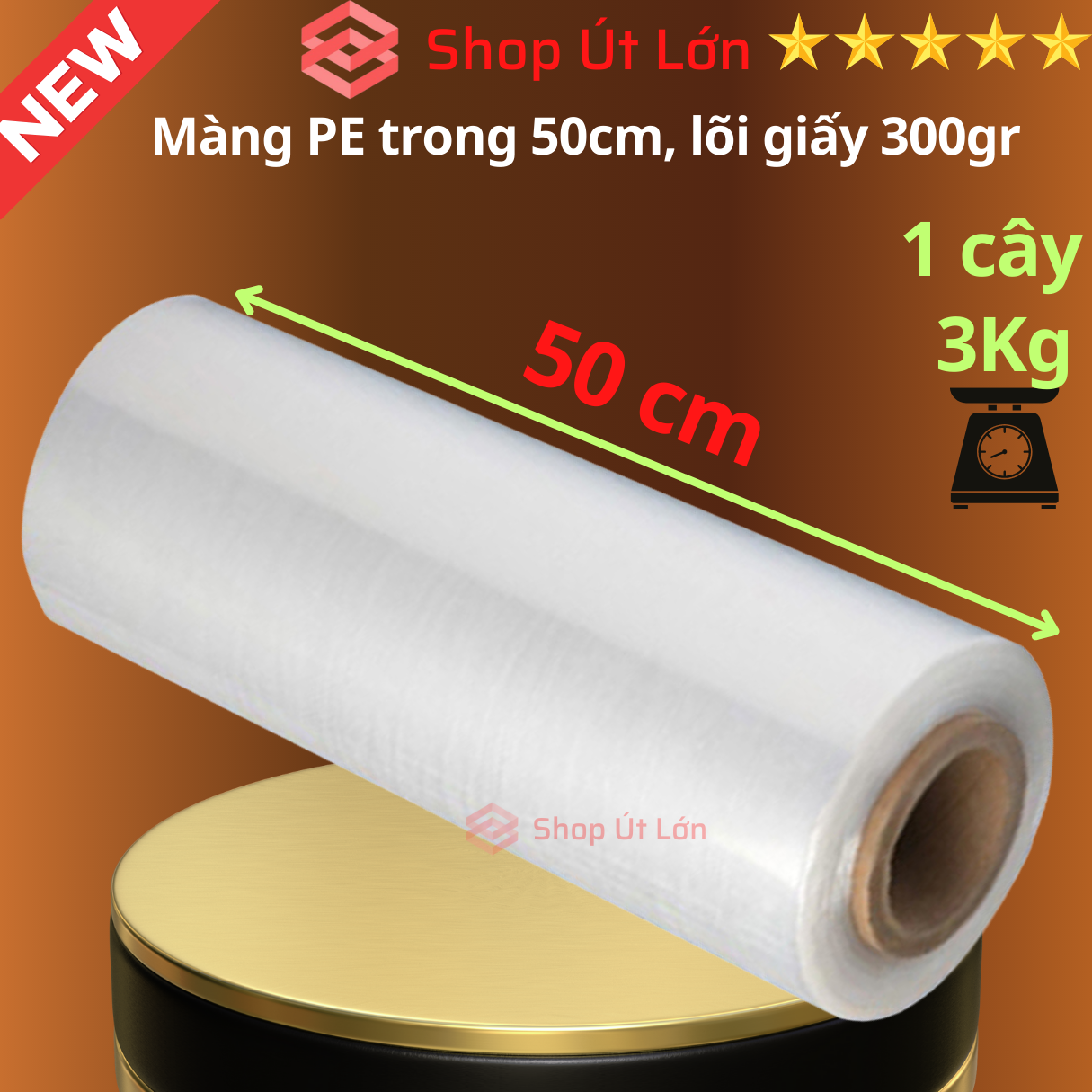 Màng pe trong 50cm, nặng 3kg, lõi giấy 300gram