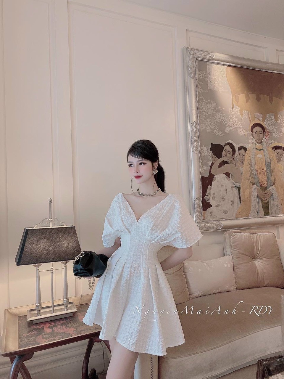Đầm xòe dự tiệc tay cánh dơi cổ v xếp ly eo mẫu thời trang nữ xinh lung linh LS059