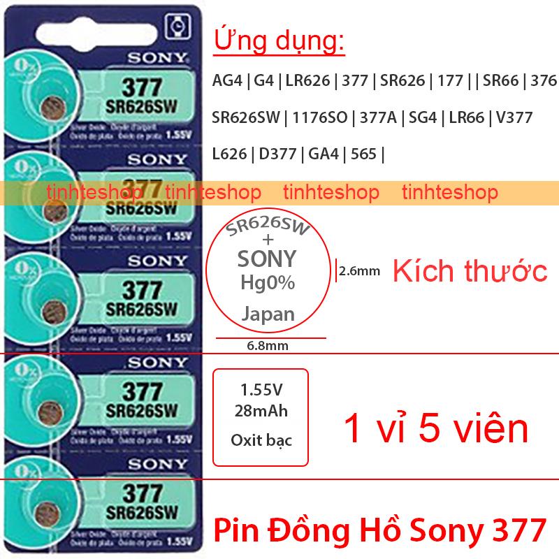 Pin đồng hồ 377 ag4 sg4 g4 sr66 lr66 177 376 l626 565 sr626sw lr626 sr626 1176so sony 1.55v-28mah oxit bạc 1 vỉ 5 viên