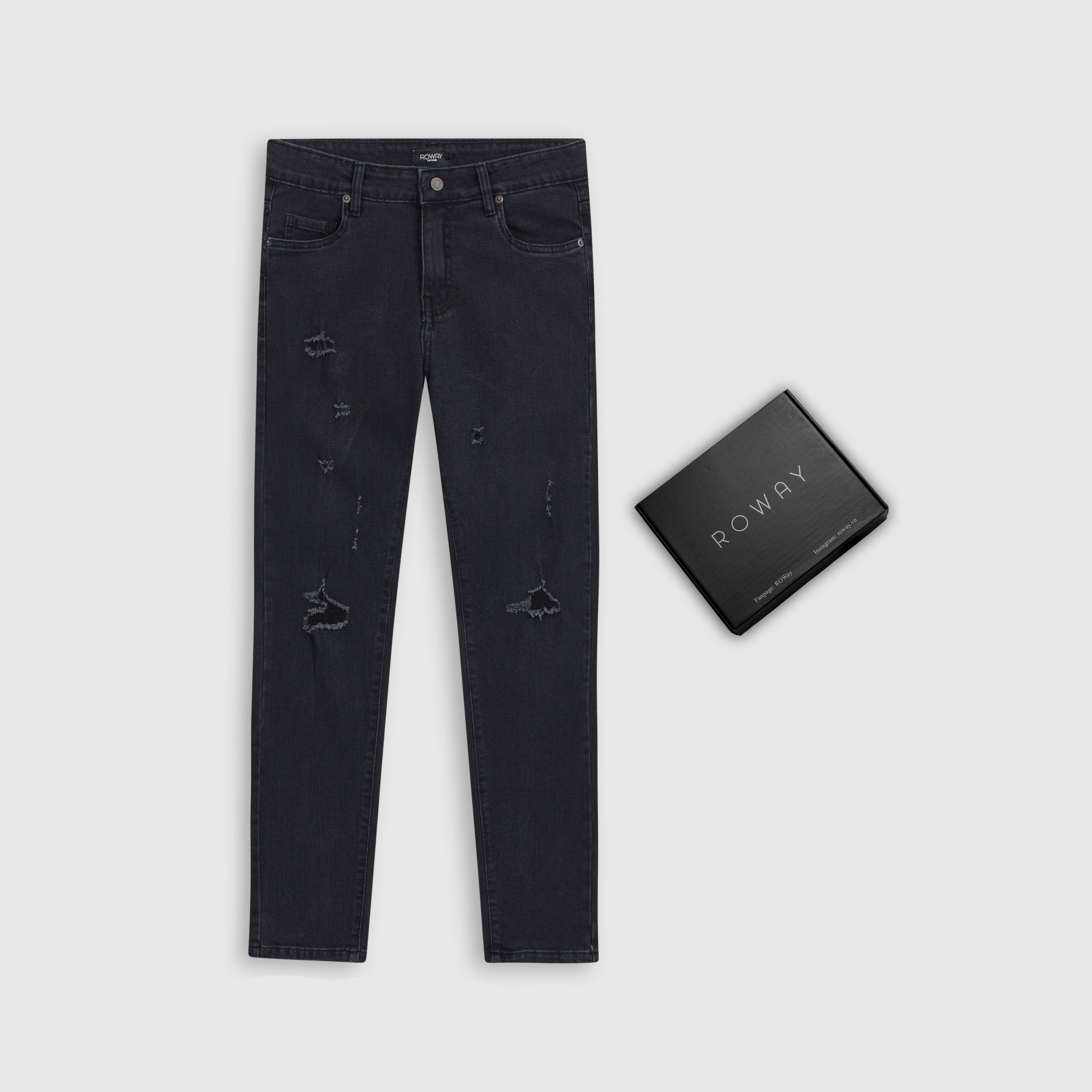 Quần jean nam ROWAY Fullbox, vải denim co giãn nhẹ, form skinny | Jean ghi rách