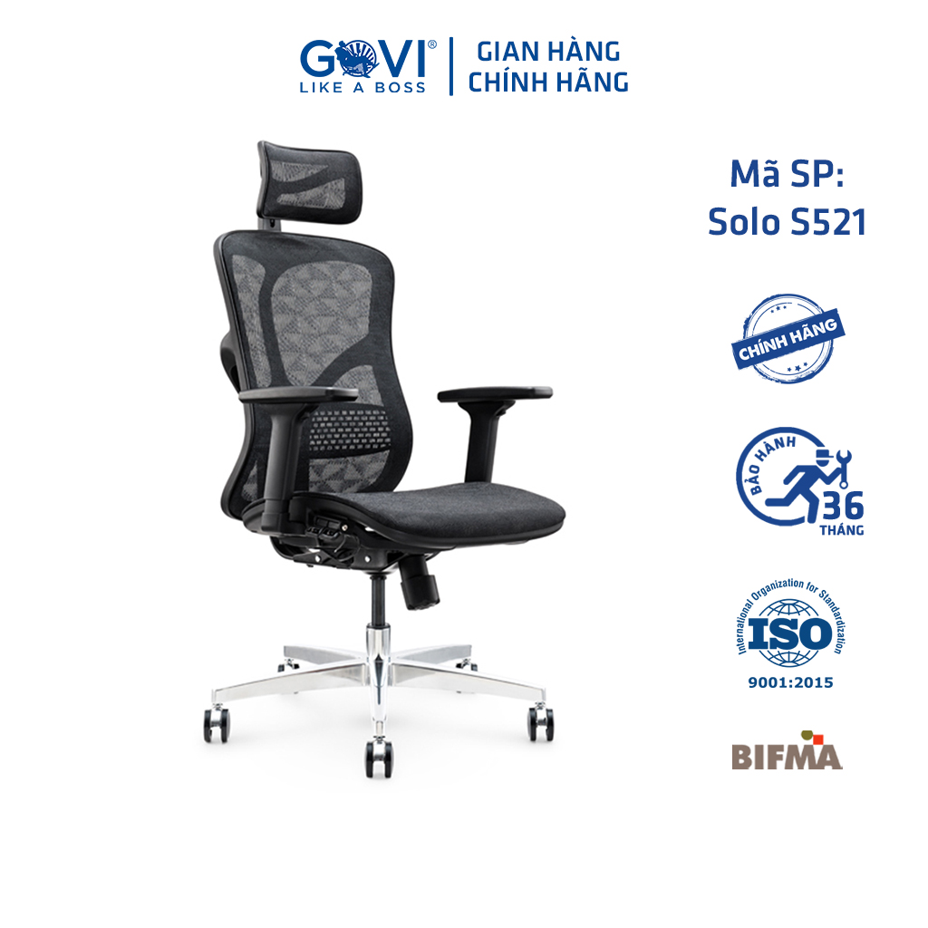 Ghế công thái học Ergonomic GOVI Solo S521 - Thiết kế tựa đầu điều chỉnh độ cao xoay góc, tựa tay 3D nâng hạ, mâm ghế ngả 90 -135 độ, khóa cố định, lưng ghế điều chỉnh