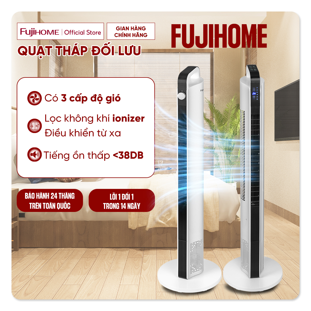 Quạt tháp điều hoà đối lưu không khí Fujihome TF-12HE, quạt mát không cánh đặt sàn 3 chế độ gió lọc không khí Ionizer tiết kiệm điện