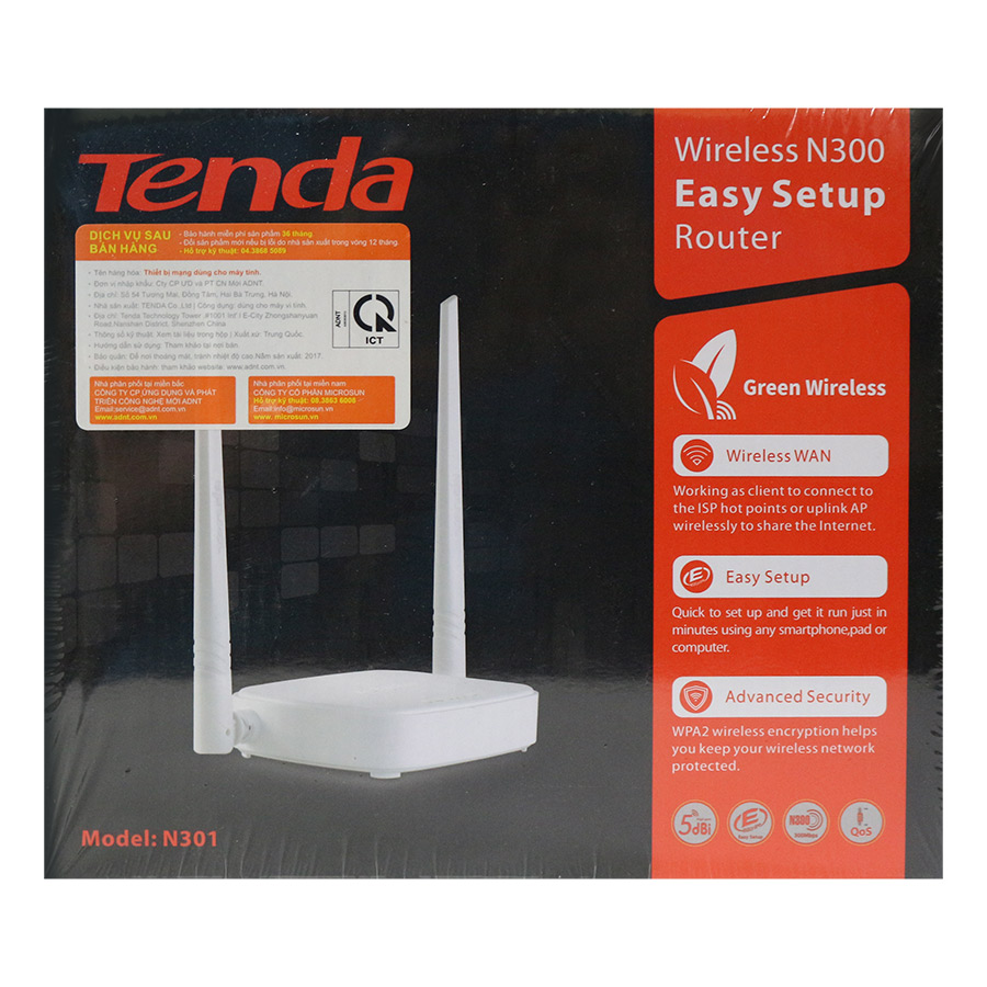 Bộ phát Wifi Tenda N301 (Trắng) 2 râu