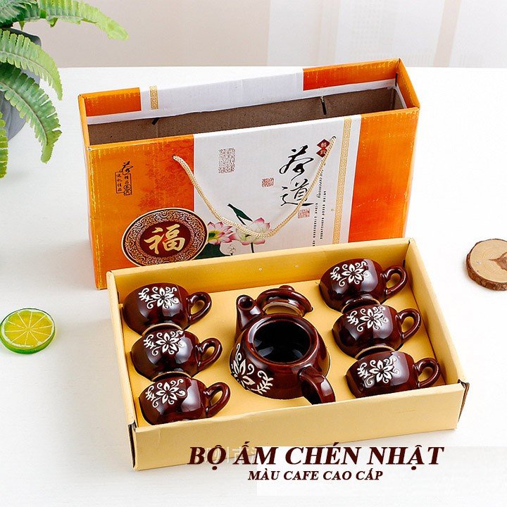 Bộ ấm tách trà sứ màu nâu sáng bóng full hộp làm quà tặng cao cấp