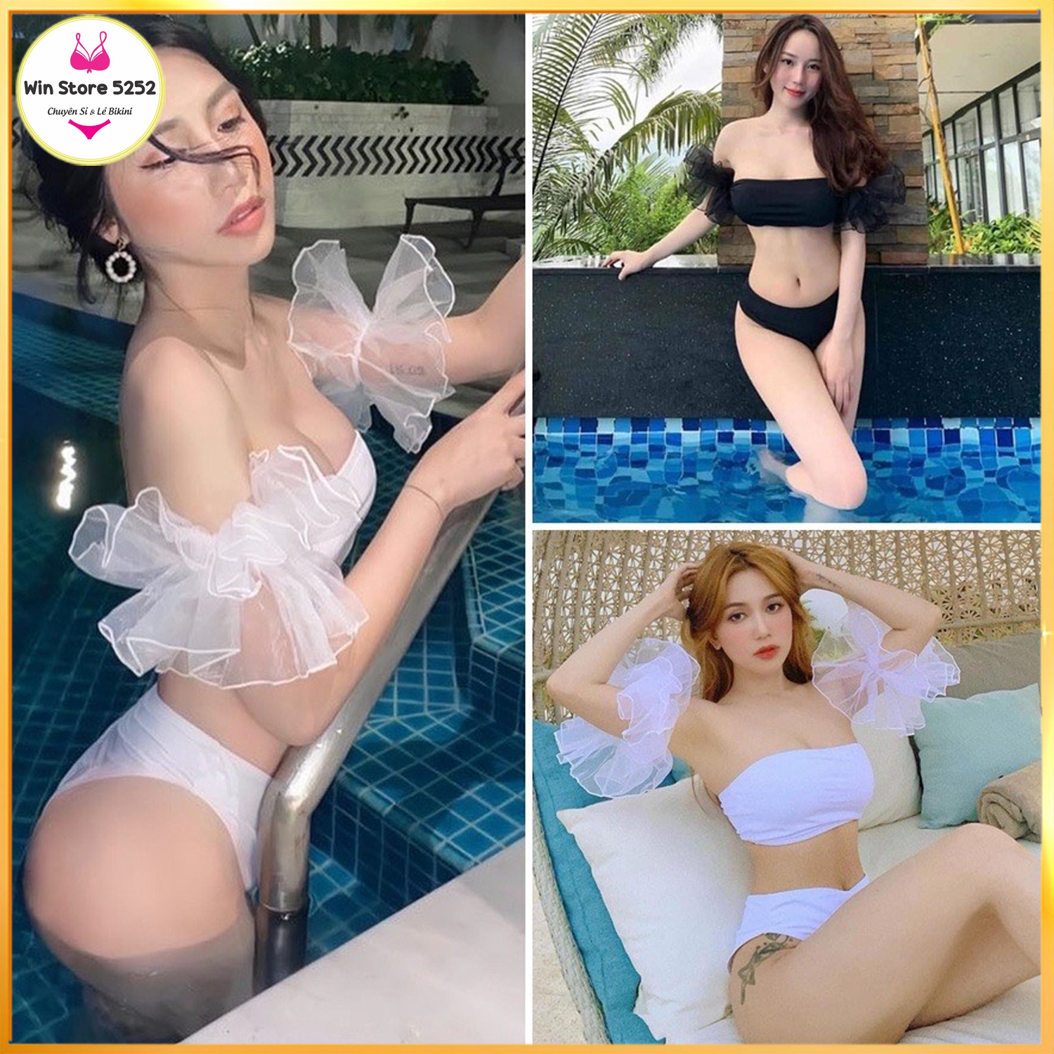 Bikini # đồ bơi đi biển hai mảnh set ba món cúp ngực tay ren quần cạp thấp bm-073