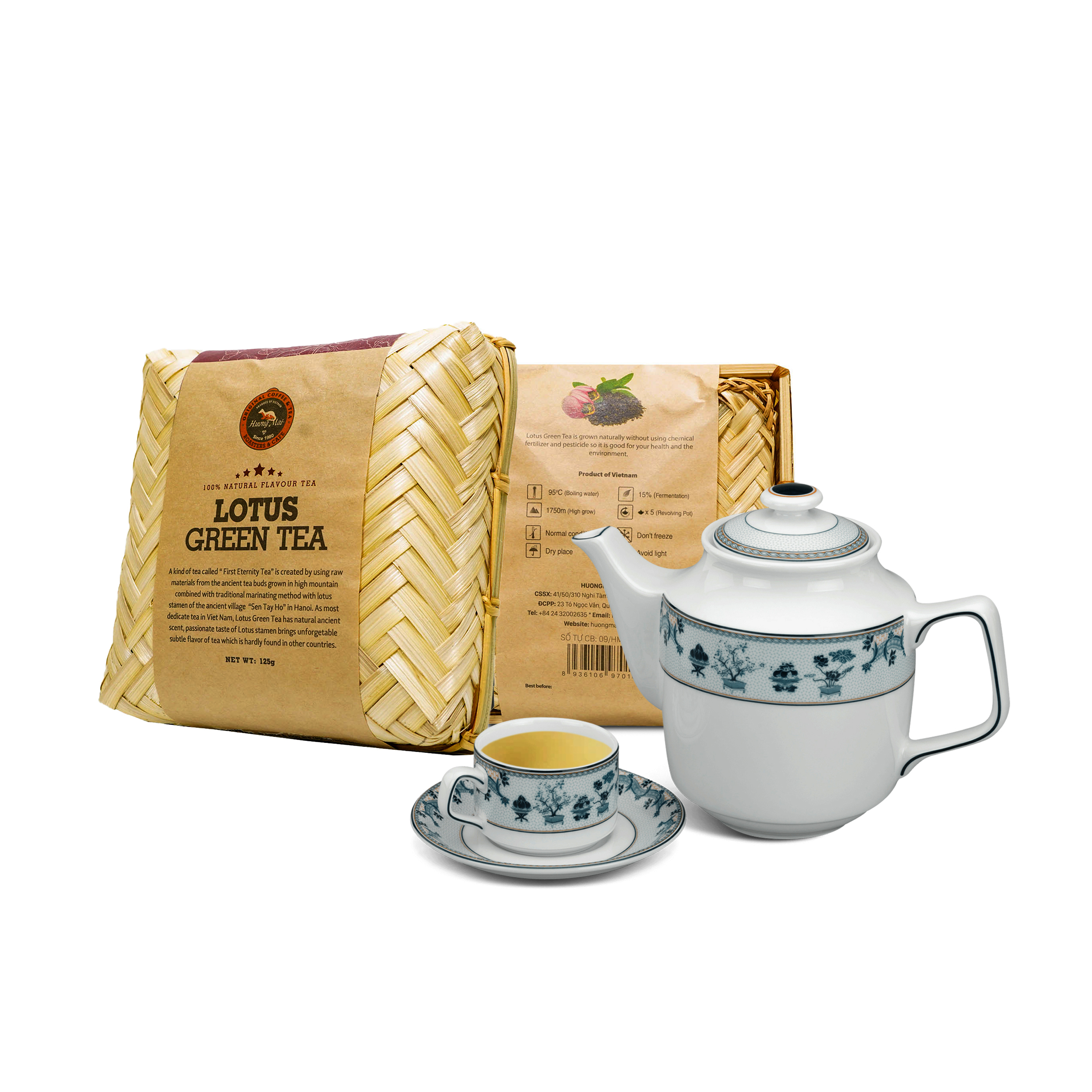 Trà sen Bamboo thượng hạng Hương Mai Cafe Premium Lotus Green Tea 100% lá trà non tươi sạch ướp trong bông sen - Hộp tre đan 125g